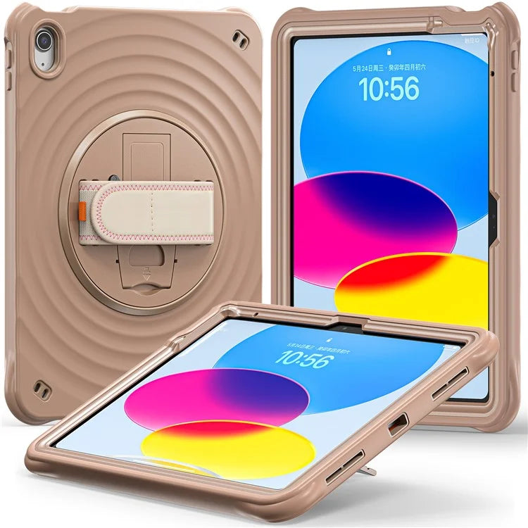 For iPad 10.9 (2022) Case Hand Strap Kickstand PC+Silicone+TPU Tablet Cover Round Ripples