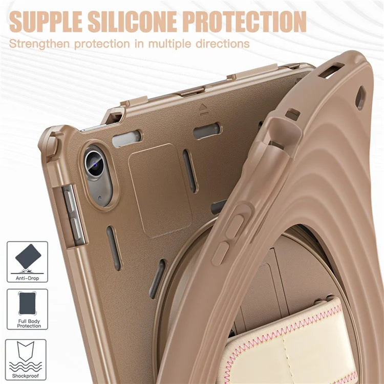 For iPad 10.9 (2022) Case Hand Strap Kickstand PC+Silicone+TPU Tablet Cover Round Ripples