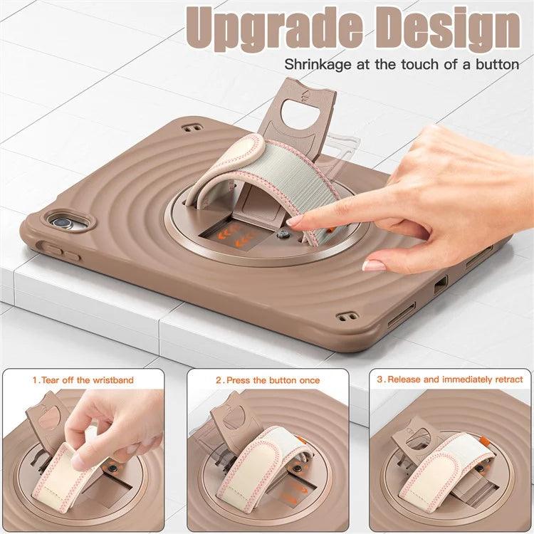 For iPad 10.9 (2022) Case Hand Strap Kickstand PC+Silicone+TPU Tablet Cover Round Ripples