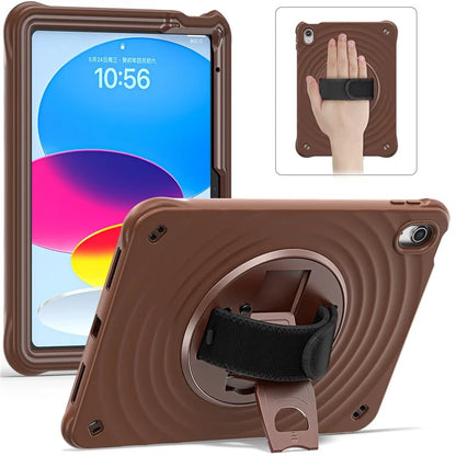 For iPad 10.9 (2022) Case Hand Strap Kickstand PC+Silicone+TPU Tablet Cover Round Ripples