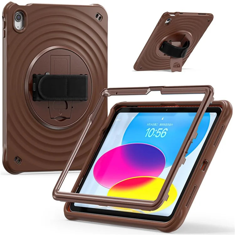 For iPad 10.9 (2022) Case Hand Strap Kickstand PC+Silicone+TPU Tablet Cover Round Ripples