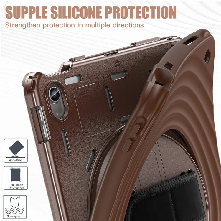 For iPad 10.9 (2022) Case Hand Strap Kickstand PC+Silicone+TPU Tablet Cover Round Ripples