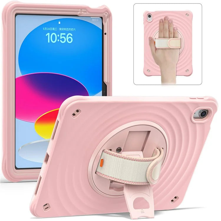 For iPad 10.9 (2022) Case Hand Strap Kickstand PC+Silicone+TPU Tablet Cover Round Ripples