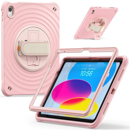 For iPad 10.9 (2022) Case Hand Strap Kickstand PC+Silicone+TPU Tablet Cover Round Ripples
