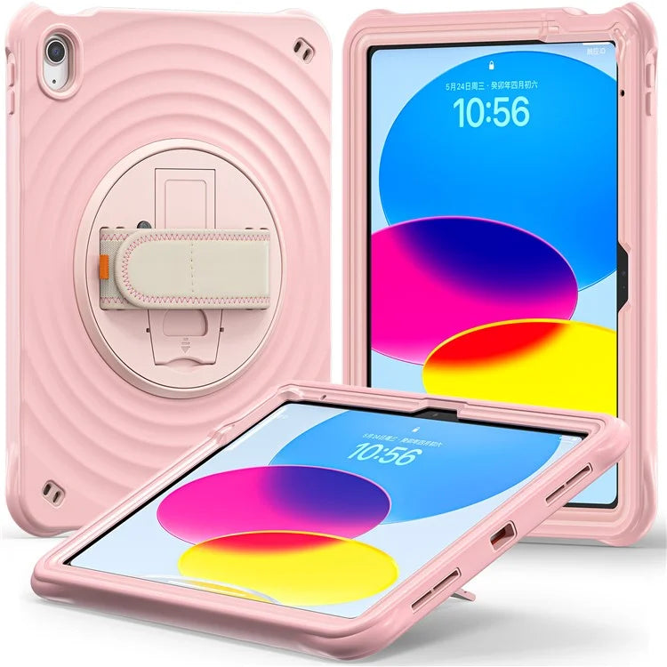 For iPad 10.9 (2022) Case Hand Strap Kickstand PC+Silicone+TPU Tablet Cover Round Ripples