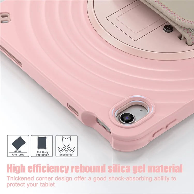 For iPad 10.9 (2022) Case Hand Strap Kickstand PC+Silicone+TPU Tablet Cover Round Ripples
