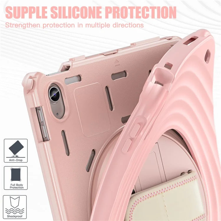 For iPad 10.9 (2022) Case Hand Strap Kickstand PC+Silicone+TPU Tablet Cover Round Ripples