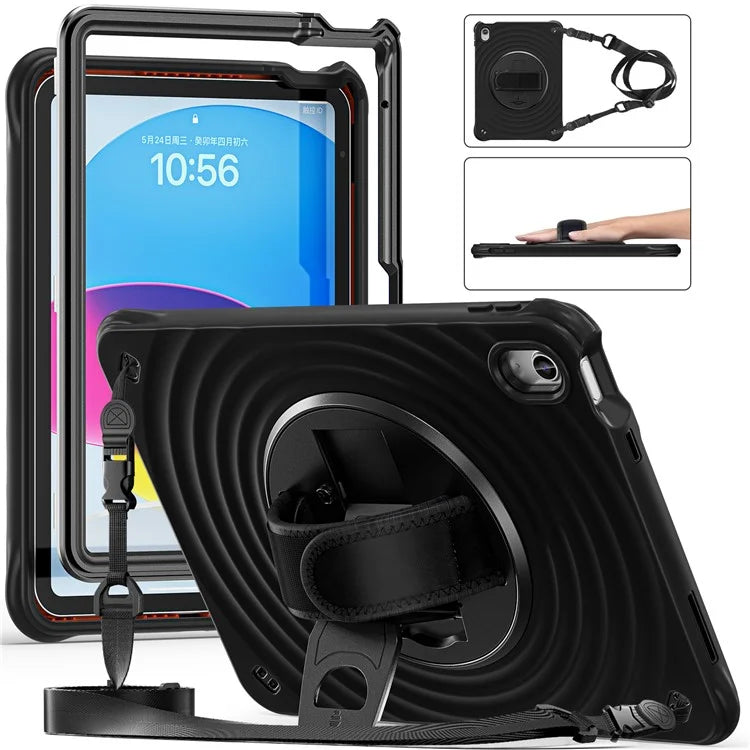 For iPad 10.9 (2022) Case Round Ripples Hand Strap Kickstand PC+Silicone Tablet Cover with Shoulder Strap