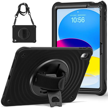 For iPad 10.9 (2022) Case Round Ripples Hand Strap Kickstand PC+Silicone Tablet Cover with Shoulder Strap