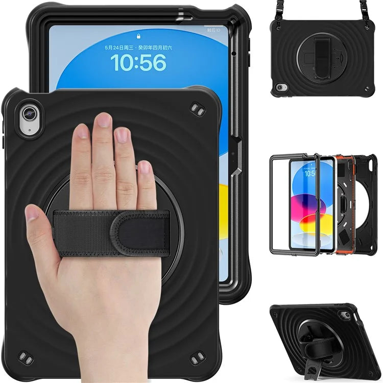 For iPad 10.9 (2022) Case Round Ripples Hand Strap Kickstand PC+Silicone Tablet Cover with Shoulder Strap