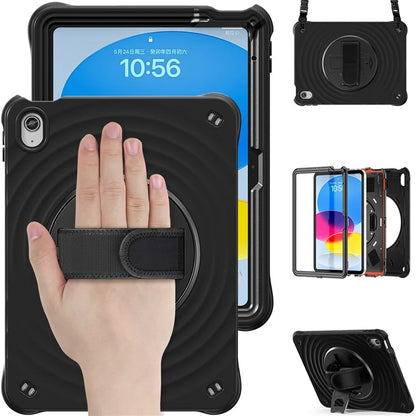 For iPad 10.9 (2022) Case Round Ripples Hand Strap Kickstand PC+Silicone Tablet Cover with Shoulder Strap
