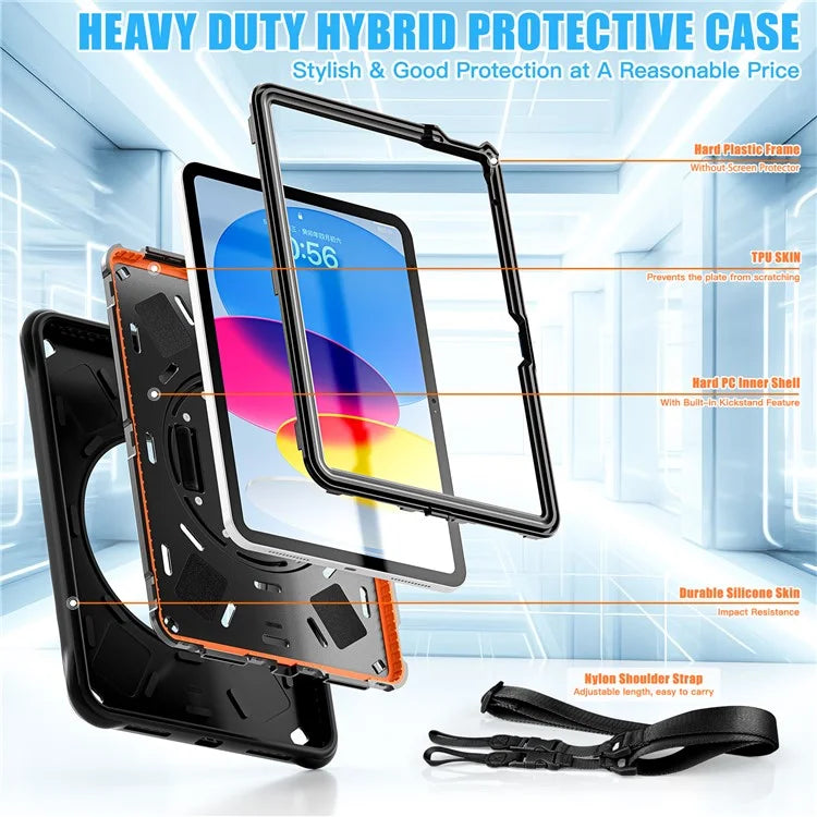 For iPad 10.9 (2022) Case Round Ripples Hand Strap Kickstand PC+Silicone Tablet Cover with Shoulder Strap
