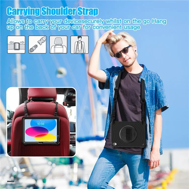 For iPad 10.9 (2022) Case Round Ripples Hand Strap Kickstand PC+Silicone Tablet Cover with Shoulder Strap