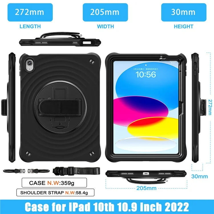 For iPad 10.9 (2022) Case Round Ripples Hand Strap Kickstand PC+Silicone Tablet Cover with Shoulder Strap
