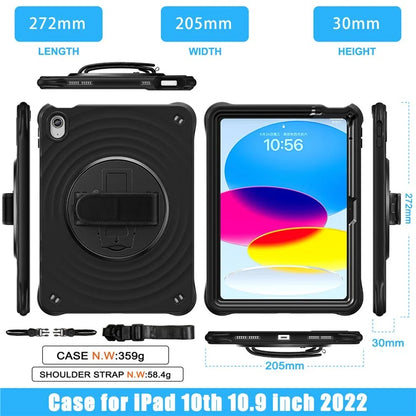 For iPad 10.9 (2022) Case Round Ripples Hand Strap Kickstand PC+Silicone Tablet Cover with Shoulder Strap