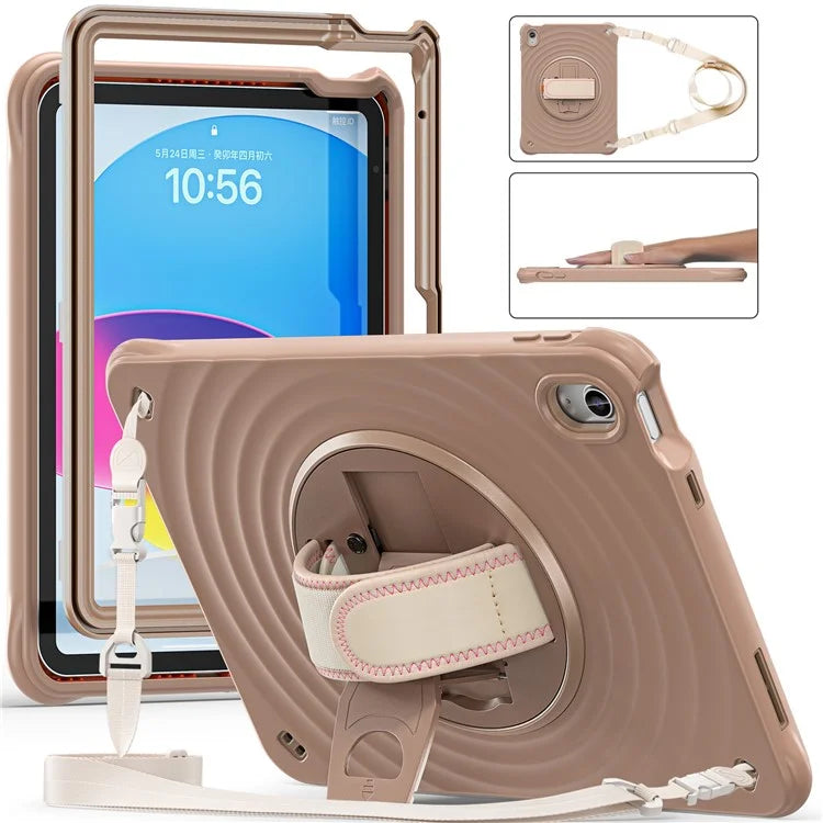 For iPad 10.9 (2022) Case Round Ripples Hand Strap Kickstand PC+Silicone Tablet Cover with Shoulder Strap