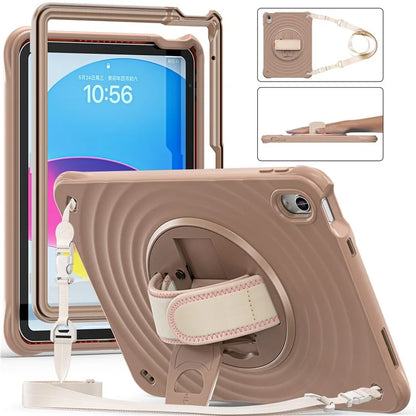 For iPad 10.9 (2022) Case Round Ripples Hand Strap Kickstand PC+Silicone Tablet Cover with Shoulder Strap