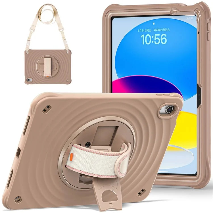 For iPad 10.9 (2022) Case Round Ripples Hand Strap Kickstand PC+Silicone Tablet Cover with Shoulder Strap