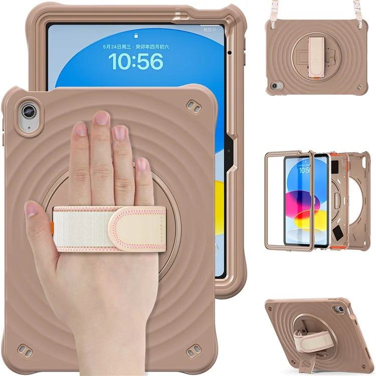 For iPad 10.9 (2022) Case Round Ripples Hand Strap Kickstand PC+Silicone Tablet Cover with Shoulder Strap