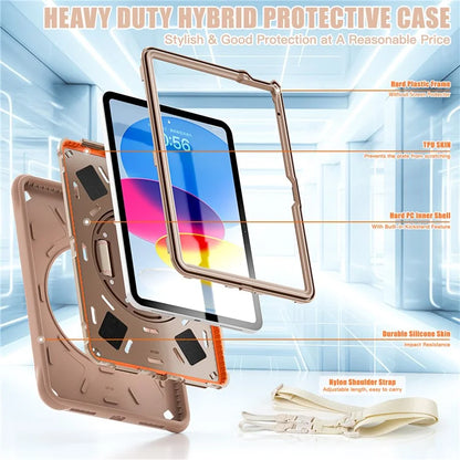 For iPad 10.9 (2022) Case Round Ripples Hand Strap Kickstand PC+Silicone Tablet Cover with Shoulder Strap
