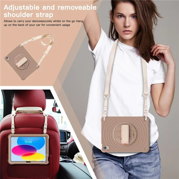 For iPad 10.9 (2022) Case Round Ripples Hand Strap Kickstand PC+Silicone Tablet Cover with Shoulder Strap