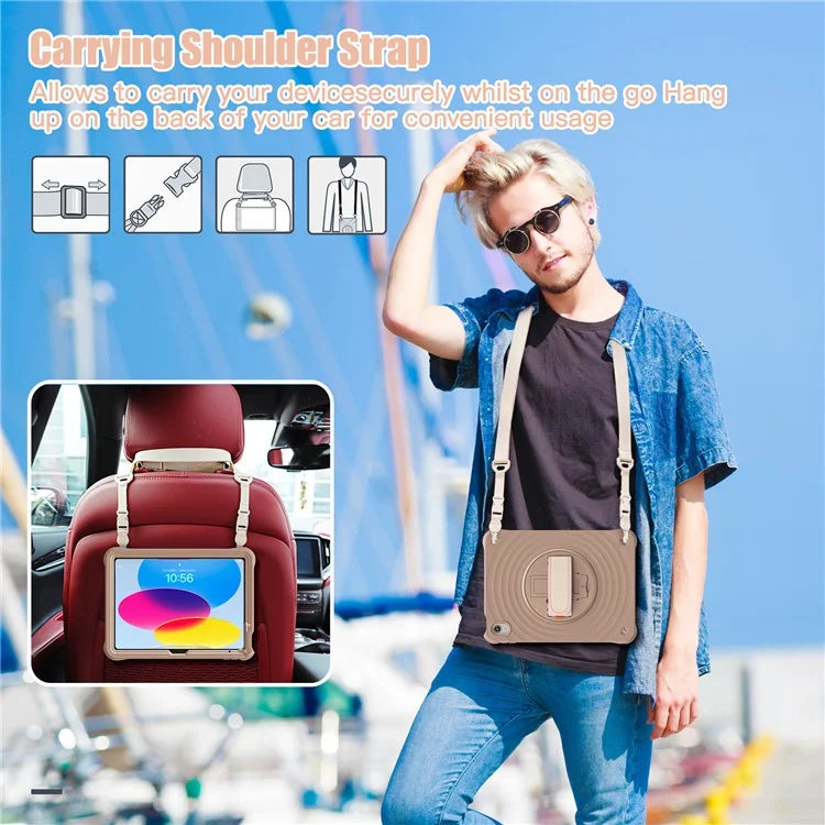 For iPad 10.9 (2022) Case Round Ripples Hand Strap Kickstand PC+Silicone Tablet Cover with Shoulder Strap