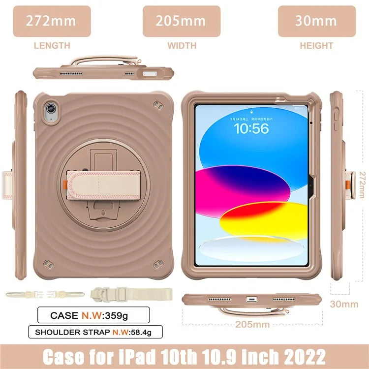 For iPad 10.9 (2022) Case Round Ripples Hand Strap Kickstand PC+Silicone Tablet Cover with Shoulder Strap