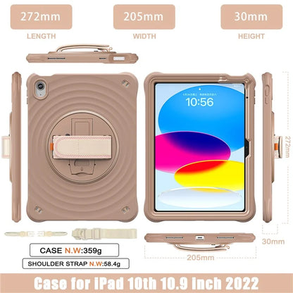 For iPad 10.9 (2022) Case Round Ripples Hand Strap Kickstand PC+Silicone Tablet Cover with Shoulder Strap
