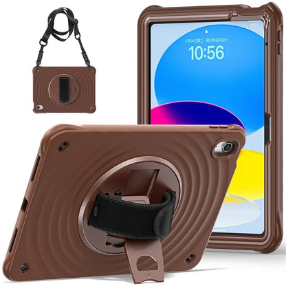 For iPad 10.9 (2022) Case Round Ripples Hand Strap Kickstand PC+Silicone Tablet Cover with Shoulder Strap