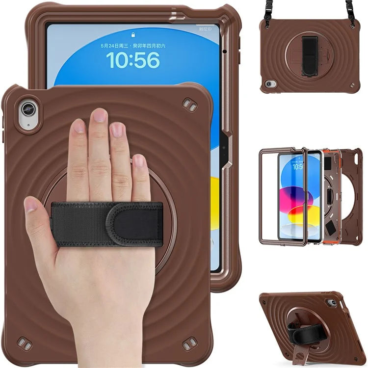 For iPad 10.9 (2022) Case Round Ripples Hand Strap Kickstand PC+Silicone Tablet Cover with Shoulder Strap