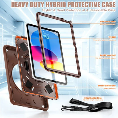 For iPad 10.9 (2022) Case Round Ripples Hand Strap Kickstand PC+Silicone Tablet Cover with Shoulder Strap