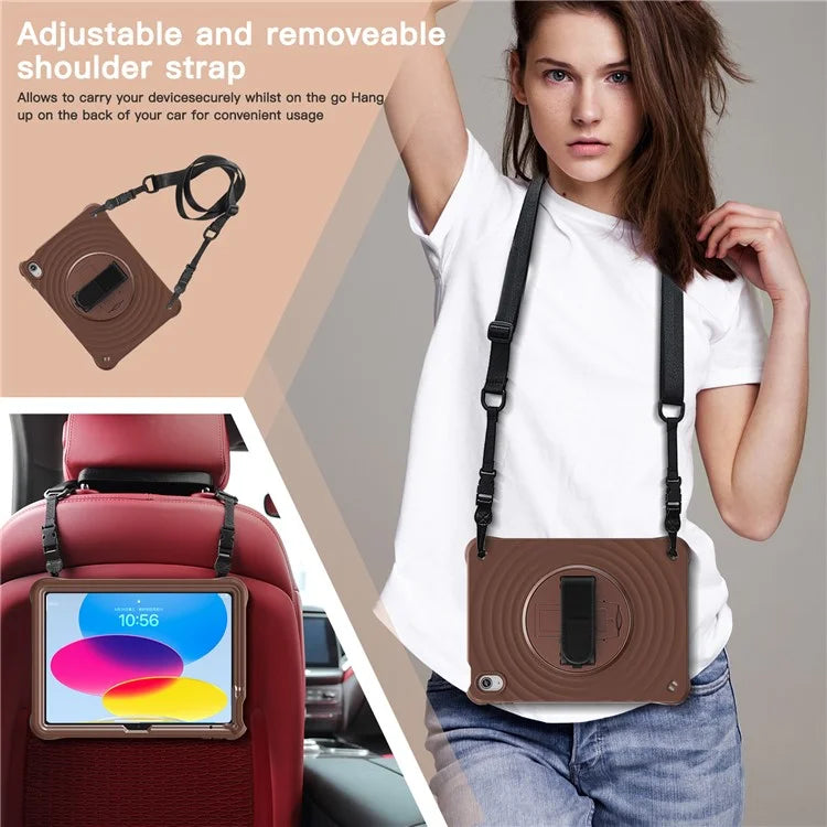 For iPad 10.9 (2022) Case Round Ripples Hand Strap Kickstand PC+Silicone Tablet Cover with Shoulder Strap