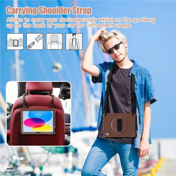 For iPad 10.9 (2022) Case Round Ripples Hand Strap Kickstand PC+Silicone Tablet Cover with Shoulder Strap