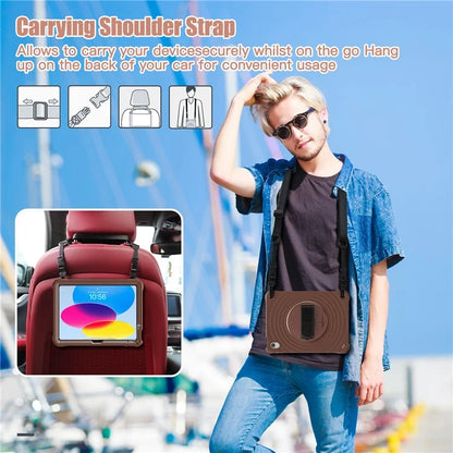 For iPad 10.9 (2022) Case Round Ripples Hand Strap Kickstand PC+Silicone Tablet Cover with Shoulder Strap