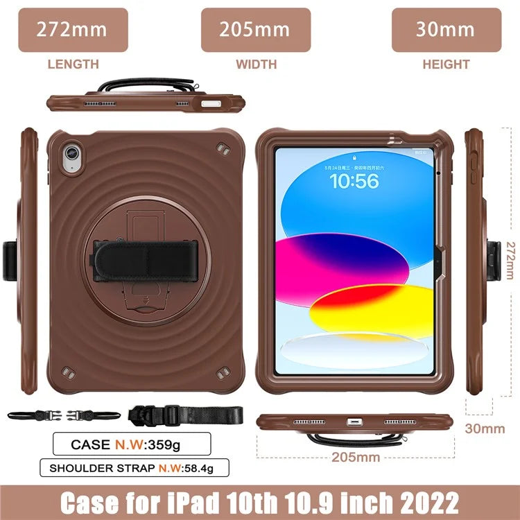 For iPad 10.9 (2022) Case Round Ripples Hand Strap Kickstand PC+Silicone Tablet Cover with Shoulder Strap