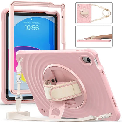 For iPad 10.9 (2022) Case Round Ripples Hand Strap Kickstand PC+Silicone Tablet Cover with Shoulder Strap