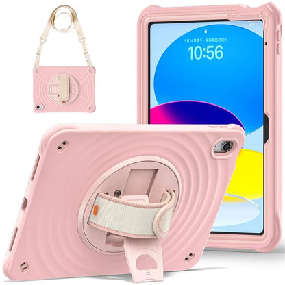 For iPad 10.9 (2022) Case Round Ripples Hand Strap Kickstand PC+Silicone Tablet Cover with Shoulder Strap