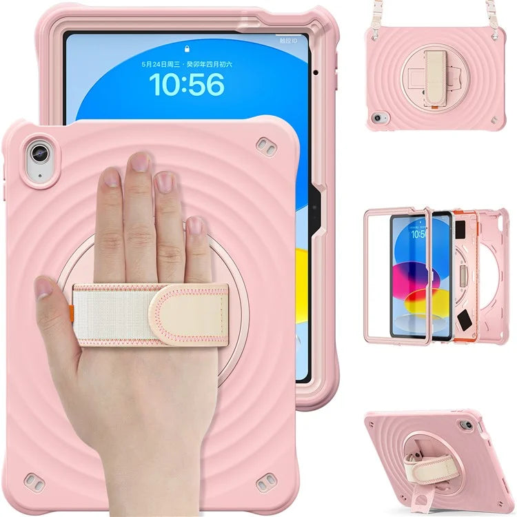 For iPad 10.9 (2022) Case Round Ripples Hand Strap Kickstand PC+Silicone Tablet Cover with Shoulder Strap