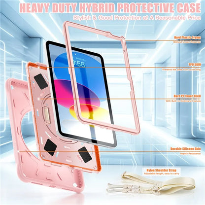 For iPad 10.9 (2022) Case Round Ripples Hand Strap Kickstand PC+Silicone Tablet Cover with Shoulder Strap