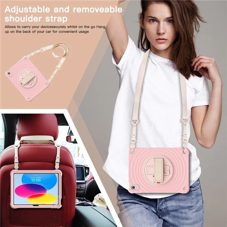 For iPad 10.9 (2022) Case Round Ripples Hand Strap Kickstand PC+Silicone Tablet Cover with Shoulder Strap