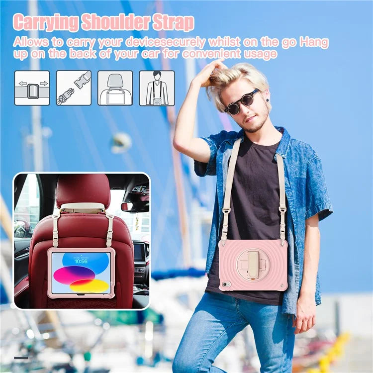 For iPad 10.9 (2022) Case Round Ripples Hand Strap Kickstand PC+Silicone Tablet Cover with Shoulder Strap