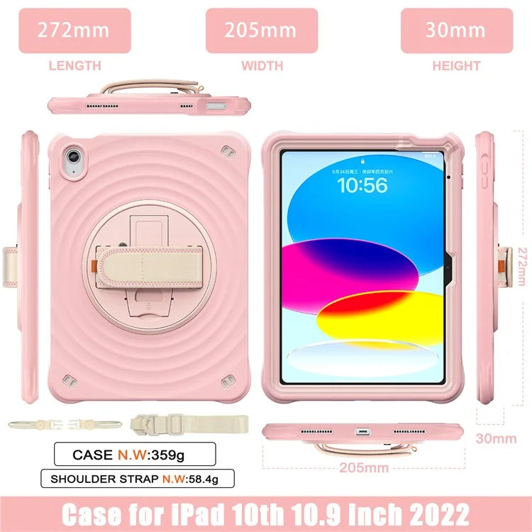 For iPad 10.9 (2022) Case Round Ripples Hand Strap Kickstand PC+Silicone Tablet Cover with Shoulder Strap