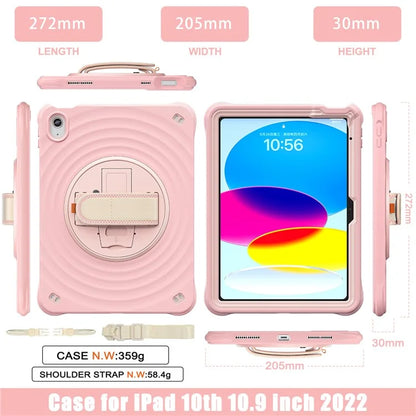 For iPad 10.9 (2022) Case Round Ripples Hand Strap Kickstand PC+Silicone Tablet Cover with Shoulder Strap