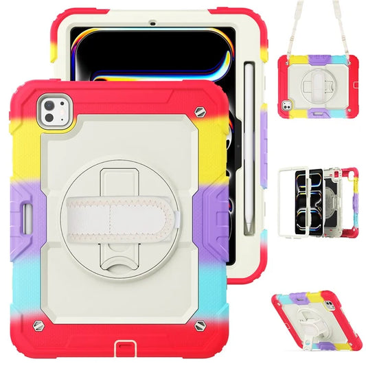 For iPad Pro 11 (2024) Case Rotating Kickstand PC+Silicone Tablet Cover with Shoulder Strap / PET Film