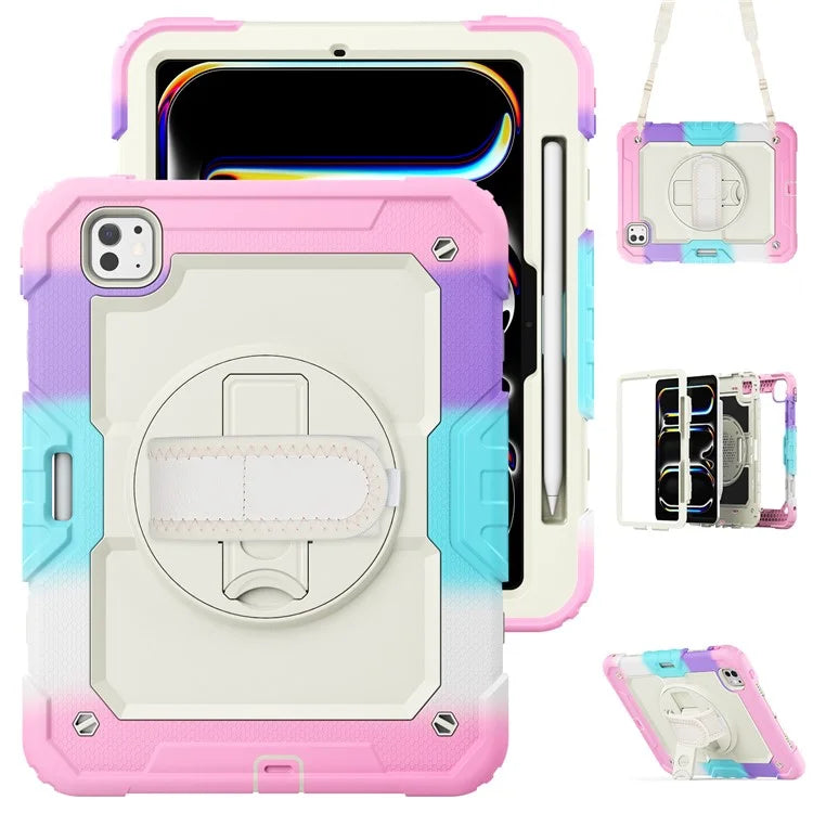 For iPad Pro 11 (2024) Case Rotating Kickstand PC+Silicone Tablet Cover with Shoulder Strap / PET Film