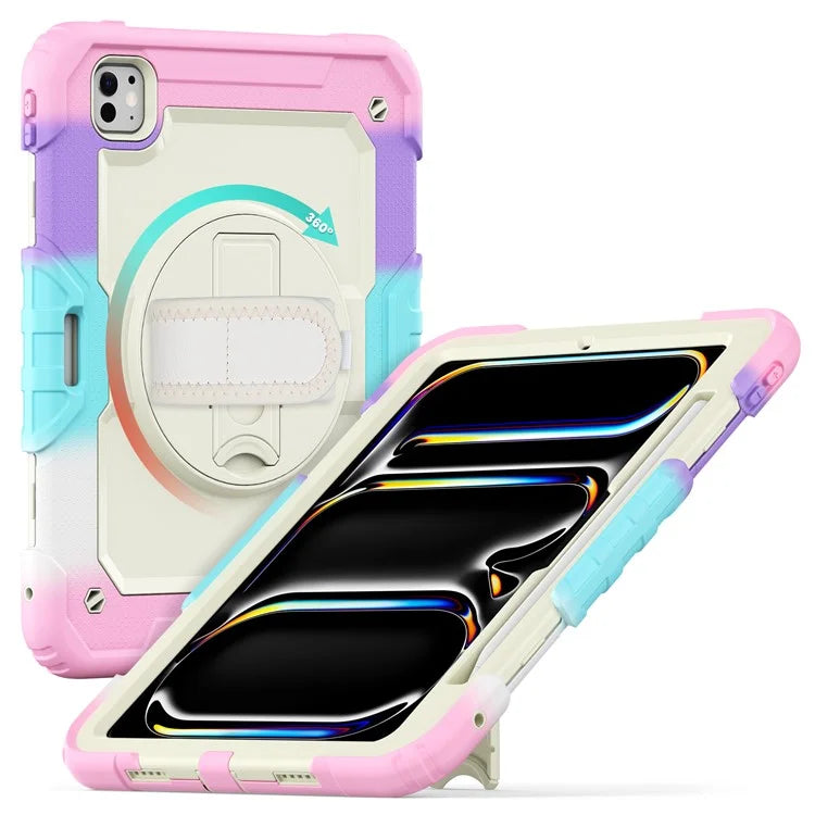 For iPad Pro 11 (2024) Case Rotating Kickstand PC+Silicone Tablet Cover with Shoulder Strap / PET Film