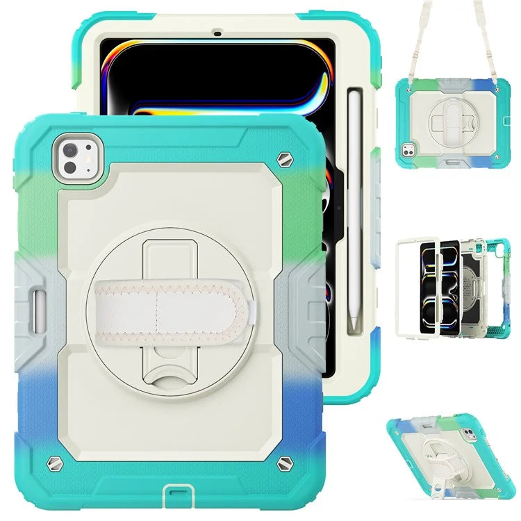 For iPad Pro 11 (2024) Case Rotating Kickstand PC+Silicone Tablet Cover with Shoulder Strap / PET Film