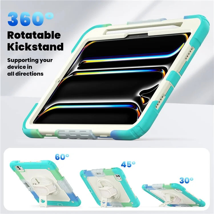 For iPad Pro 11 (2024) Case Rotating Kickstand PC+Silicone Tablet Cover with Shoulder Strap / PET Film