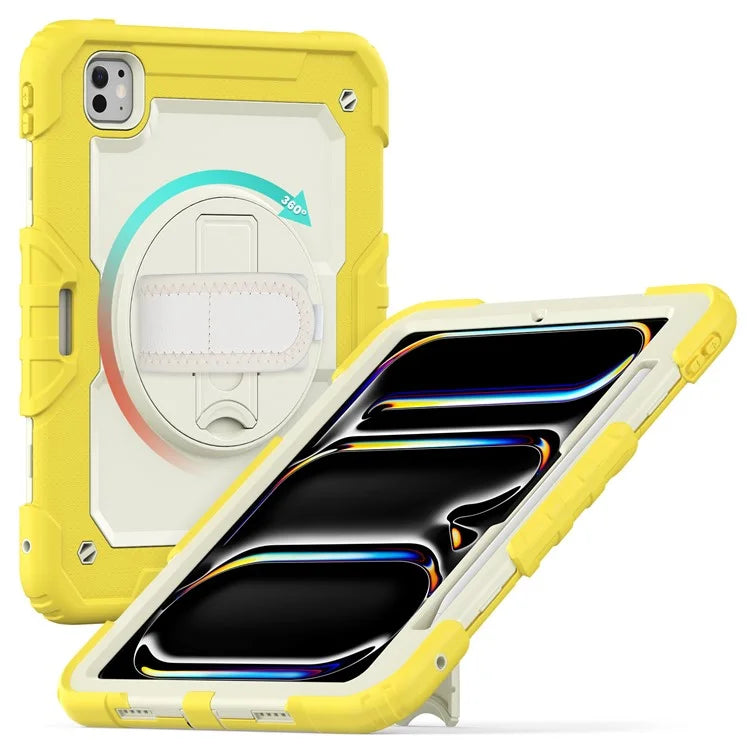 For iPad Pro 11 (2024) Case Hand Strap Kickstand PC+Silicone Tablet Cover with Shoulder Strap, PET Screen Film