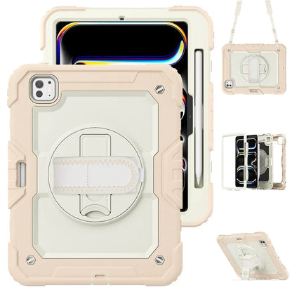 For iPad Pro 11 (2024) Case Hand Strap Kickstand PC+Silicone Tablet Cover with Shoulder Strap, PET Screen Film
